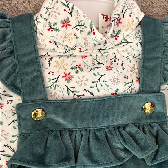 Green Velvet Pinafore Dress with Floral Top Girls Size 5 - Picture 3 of 5
